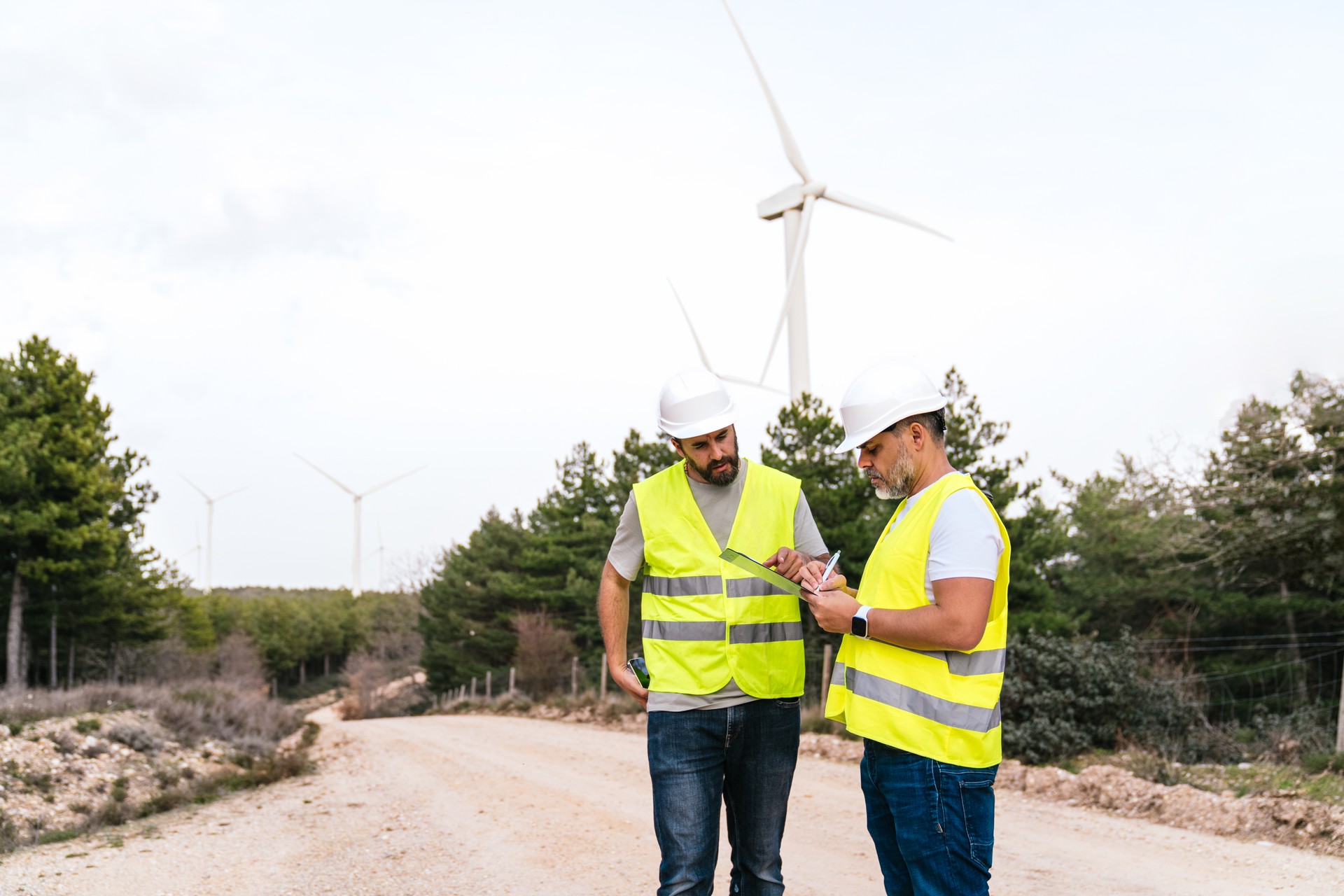 Two Engineers Discussing Wind Turbine Maintenance in a Forested Area